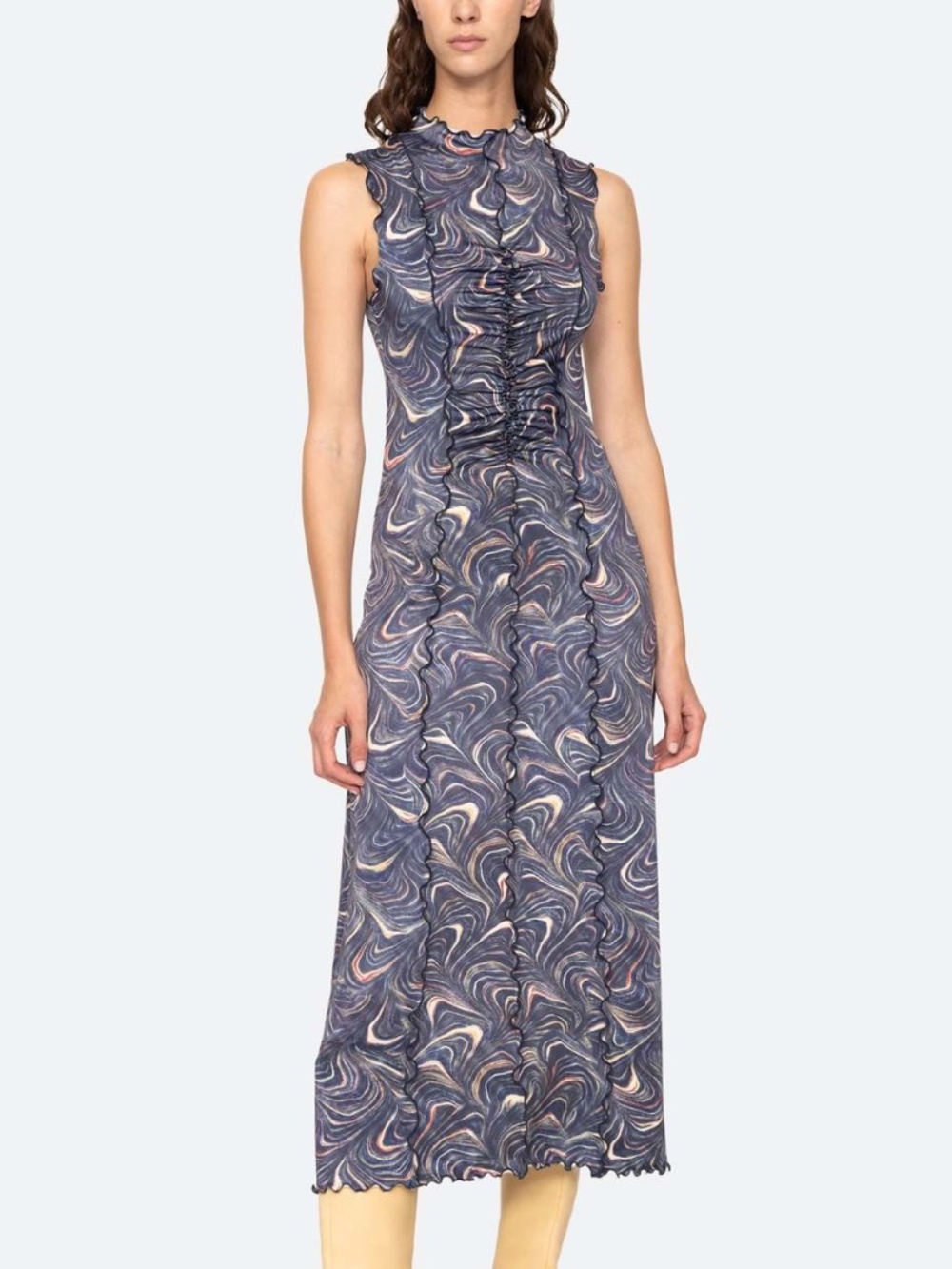 Sea New York Amara Marble Print Sleeveless Dress Navy Ruffle With Tags MEDIUM